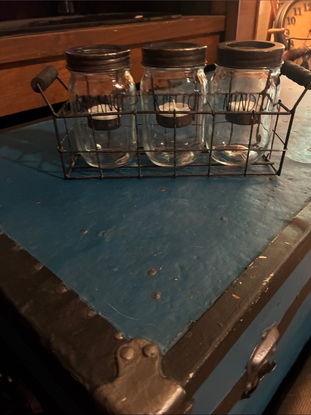 Rustic Triple Mason Jar Candle Holder with Wire Crate-Rae Dunn